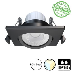 LED downlighter | Inbouw | 5 watt dimbaar | Kantelbaar | 3 lichtkleuren instelbaar CCT | IP65 | Mat zwart | Vierkant